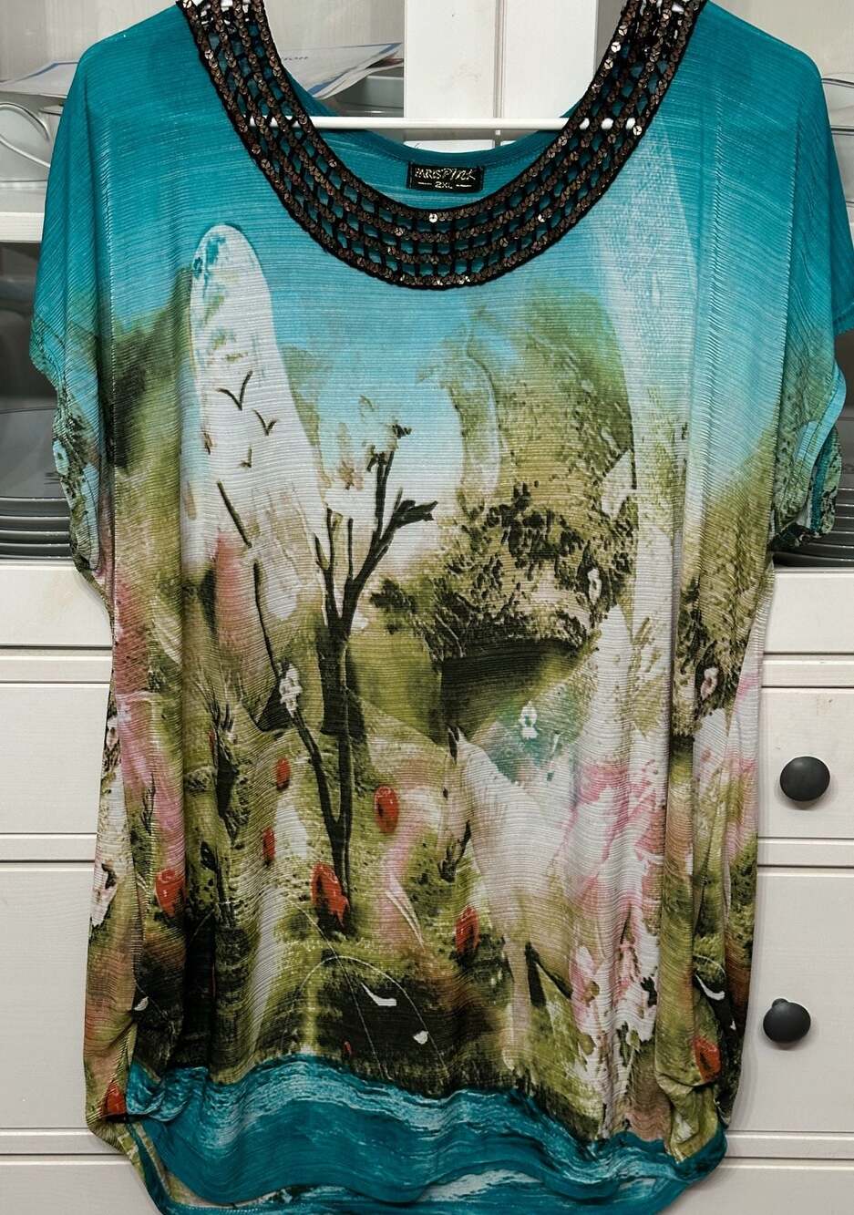 Paris Pink Women's Graphic Print Sequined Neckline Short Sleeve Blouse
